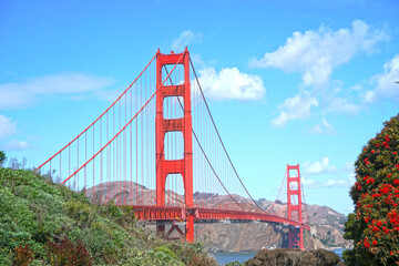 Landscape view of Golden Gate Bridge is Red Bridge in sunny day in San Francisco, California, United states , USA - Vintage style hot spot famous Landmark - Holiday Travel Concept