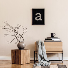 Japandi living room interior with mock up poster frame, design wooden commode, furniture,...
