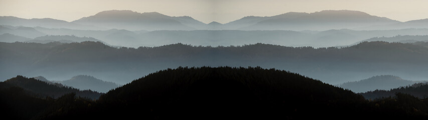 Amazing fog landscape in black forest panorama banner long	