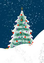 Snow covered Christmas tree decorated with baubles 