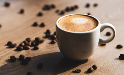 illustration tasse de café avec grains de café support bois