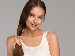 Beautiful healthy hair woman happy female smiling face healthy skin