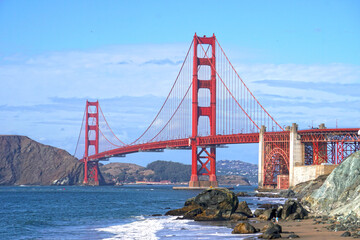 Golden Gate Bridge is Red Bridge seen from Baker Beach in San Francisco, California, United states , USA - Holiday Travel famous building Landmark - Nature Park and outdoor sightseeing