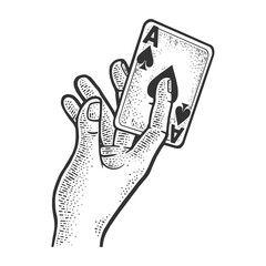 Sharper or magician hand with card sketch engraving vector illustration. T-shirt apparel print design. Scratch board imitation. Black and white hand drawn image.