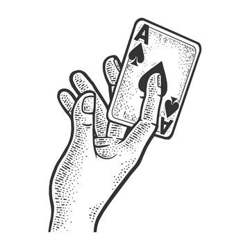 Sharper Or Magician Hand With Card Sketch Engraving Vector Illustration. T-shirt Apparel Print Design. Scratch Board Imitation. Black And White Hand Drawn Image.