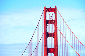Closeup Top of Golden Gate Bridge is Red Bridge in sunny day in San Francisco, California, United states , USA - Infrastructure Vintage style