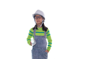 Adorable Asian girl acting in studio with construction helmet, girl with green color sweater dream to be engineer, happy girl action on white background with blueprint paper and safety white hat