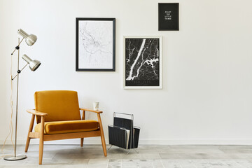 Retro and minimalist compositon of living room interior with design armchair, two mock up poster...