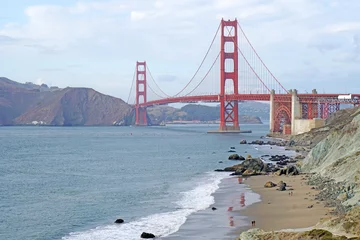 Papier Peint photo Plage de Baker, San Francisco Golden Gate Bridge is Red Bridge seen from Baker Beach in San Francisco, California, United states , USA - Holiday Travel famous building Landmark - Nature Park and outdoor sightseeing