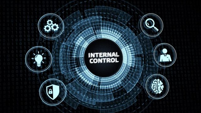 Businessman presses button internal control on virtual screens. Business, Technology, Internet and network concept