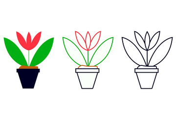 Plant in flower pot icon. Black Line, colourful libe  and colorful version. Different style icons set. Pixel perfect vector