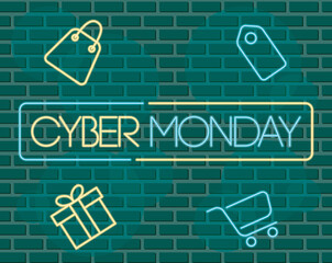 cyber monday neon label in green wall