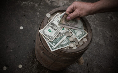 Concept of poverty, and destitution, money and coins. Poor people, need a help