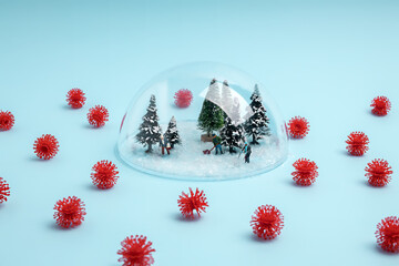 Obraz na płótnie Canvas Creative coronavirus layout made with people cleaning snow under the glass dome, surrounded by virus. Minimal stay at home wallpaper. Self-isolation, coronavirus, pandemic or winter sports concept.