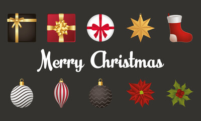 happy merry christmas lettering with set icons