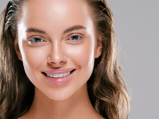 Beautiful woman face with healthy clean slon spa concept cosmetic skin care - obrazy, fototapety, plakaty