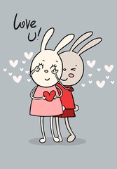 Two lovely cartoon rabbits. Happy Valentines day greeting card. Flat vector love illustration