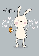 Cute hand drawn rabbit holding coffee cup. Adorable flat vector clip art