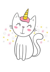 Magical cute little cat unicorn. Fantastic flat vector illustration for kids, children, little princess