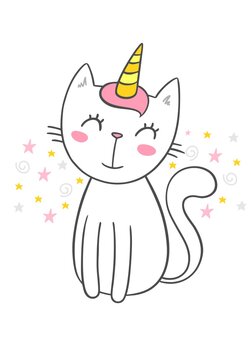Magical cute little cat unicorn. Fantastic flat vector illustration for kids, children, little princess