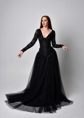 full length portrait of  woman wearing black gothic dress,  Standing pose  against a studio...