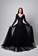 full length portrait of  woman wearing black gothic dress,  Standing pose  against a studio...