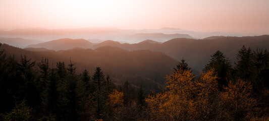 Naklejka na ściany i meble Atemberaubendes Panorama von Landschaft Wald Berge Hügel im Schwarzwald ( Black Forest ) auf dem Schliffkopf an der Schwarzwaldhochstraße im Herbst, mit Nebel am Morgen - Nationalpark Nordschwarzwald 