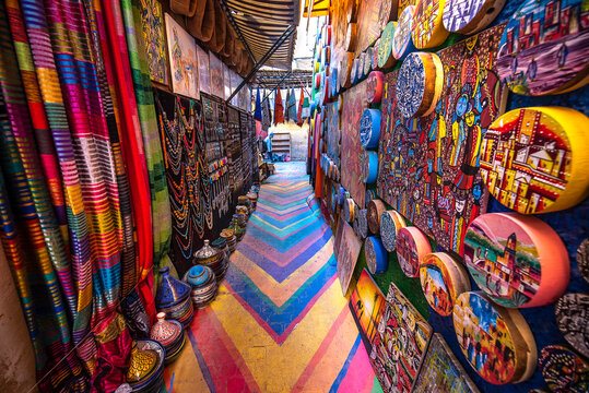 Fez, Morocco - 12.02.2020: Colorful painted street in the medina of the old city of Fes. The ancient city and the oldest capital and one of the four Imperial cities of Morocco. UNESCO site
