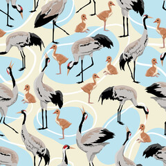 Seamless pattern Common crane or Grus grus or Eurasian crane. A gray cranes in various poses. Birds are looking for food, standing, dancing. Exploded wild birds and their chicks. Vector Animals