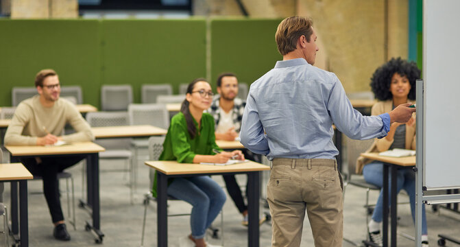 Rear view of a male business coach or speaker pointing at flip chart and giving presentation to audience,