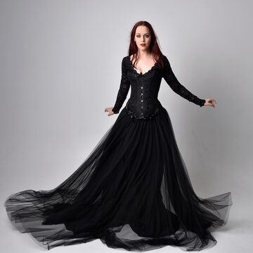 full length portrait of  woman wearing black gothic dress,  Standing pose  against a studio background.