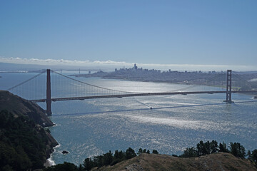 Landscape view of famous Landmark Golden Gate Bridge is Red Bridge in sunny day in San Francisco, California, United states , USA - Vintage style - image seen from Golden Gate View Point