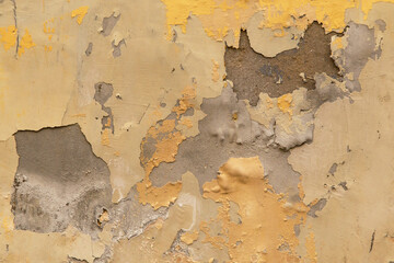 Yellow grunge abstract background texture. Old cement concrete wall with yellow cracked paint
