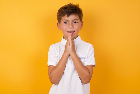 Cute Caucasian little boy standing against yellow background  keeps palms together, has pleased expression. Glad attractive male makes request, pleads for mercy. Hopeful young adult.