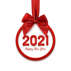 Obraz na płótnie Canvas Happy New Year 2021 round abstract banner with red ribbon.