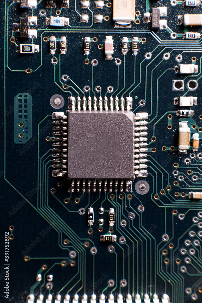 Fototapete Augmented reality graphics showing chip structure. Inside of electronic device. Close-up macro shot of printed circuit board with computer motherboard component microchip.