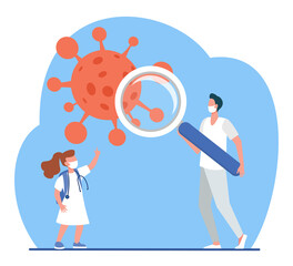 Doctor and little girl studying virus with magnifier. Coronavirus, mask, pandemic flat vector illustration. Medicine and examination concept for banner, website design or landing web page