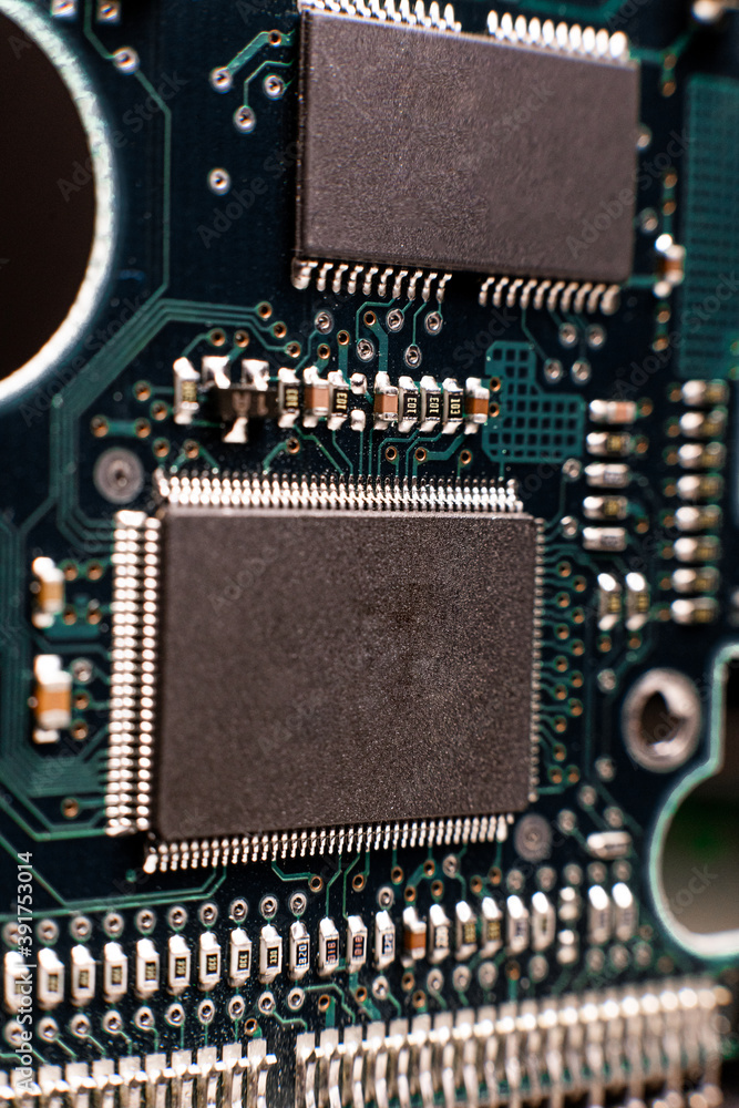 Fototapete augmented reality graphics showing chip structure. inside of electronic device. close-up macro shot 