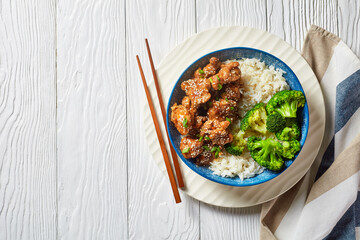 General Tso’s Chicken with rice in a bowl