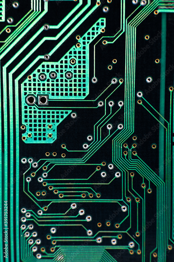 Fototapete augmented reality graphics showing chip structure. inside of electronic device. close-up macro shot 