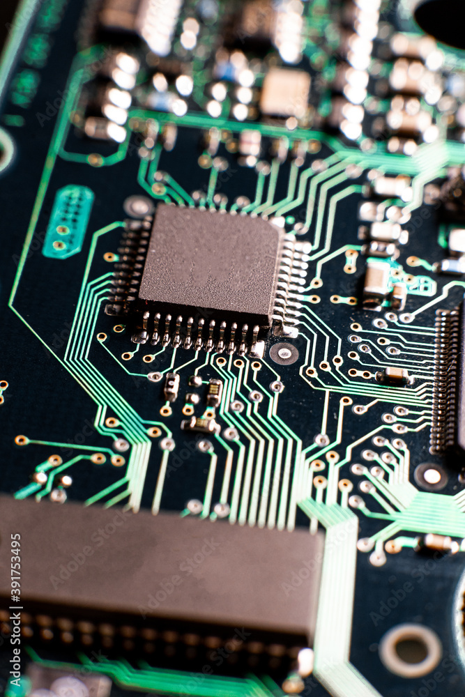 Fototapete augmented reality graphics showing chip structure. inside of electronic device. close-up macro shot 