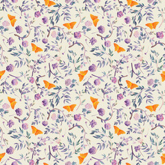 Orange butterfly framed by graceful floral branches seamless pattern.