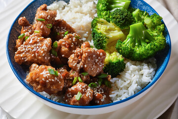 General Tso’s Chicken with rice in a bowl