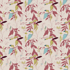 Fish in a thicket of algae on a light blue, aquamarine, turquoise background. Seamless pattern. Underwater life.