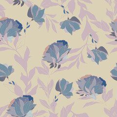 Abstract illustration of flowers on a cream, light sage color background. Seamless floral pattern. Simple square repeating design for fabric and wallpaper