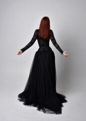 full length portrait of  woman wearing black gothic dress,  Standing pose  against a studio background.