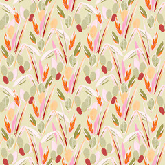 Pink and green leaves of palm trees and tropical grass on a white background. Seamless hand-drawn illustration. Pattern for wallpaper and fabric