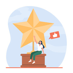 Tiny woman sitting on large golden star. Like, prize, blogger flat vector illustration. Achievement and social media concept for banner, website design or landing web page