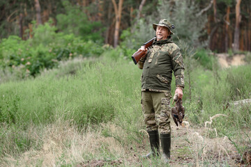 Proud Hunter Holds Wild Duck Happy Senior Man.