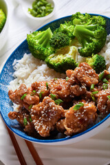General Tso’s Chicken with rice in a bowl